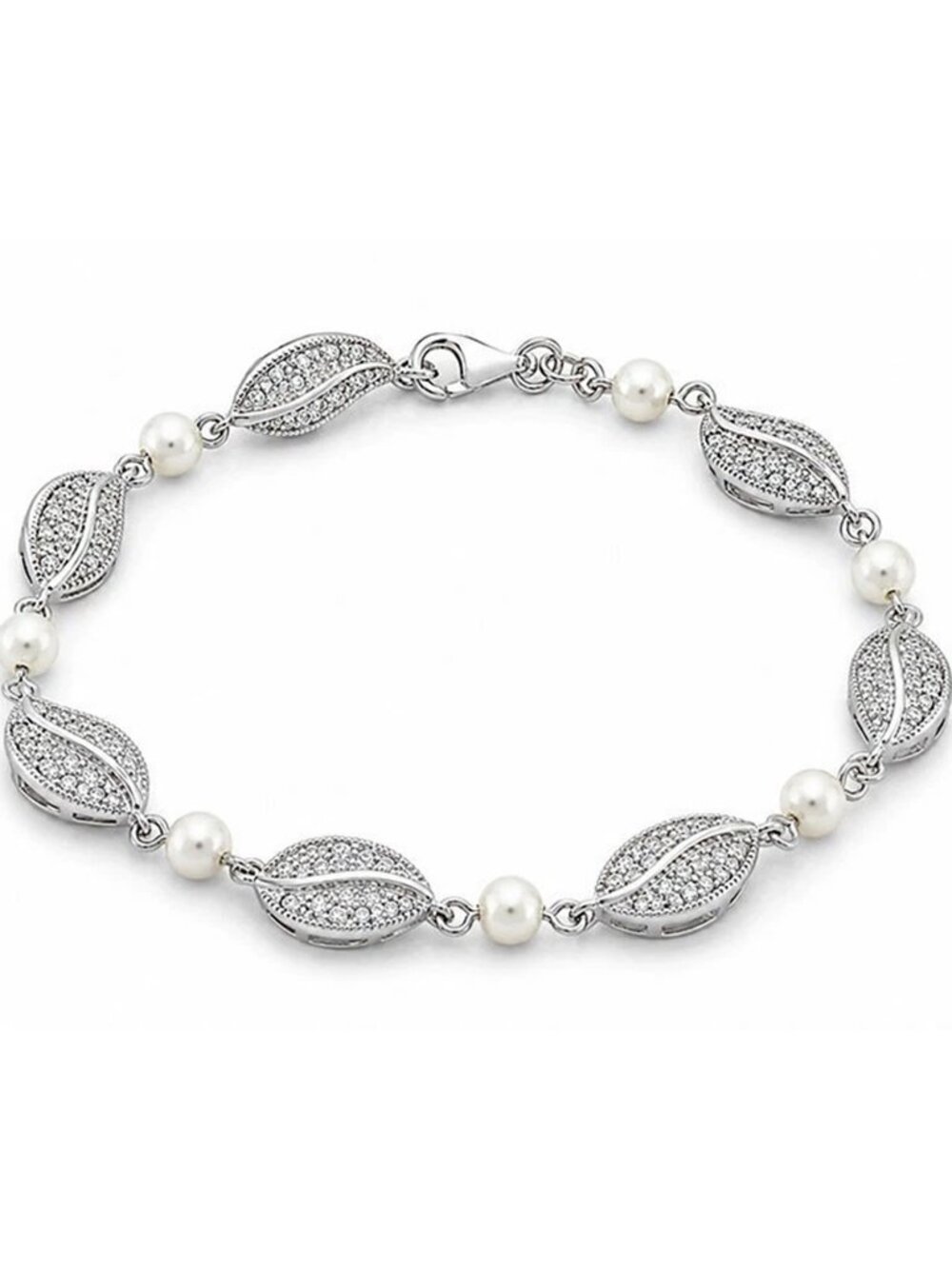 Genuine Fresh Water Pearls & White Sapphire Bracelet .925 Silver
